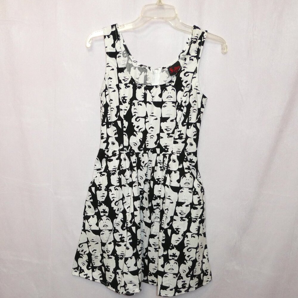 Fit and Flare Dress with Faces Print with Pockets